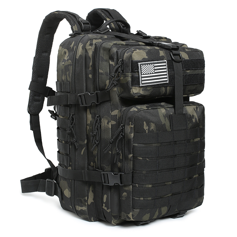 Black Camo Tactical Backpack — Dark Concealment MOLLE Pack